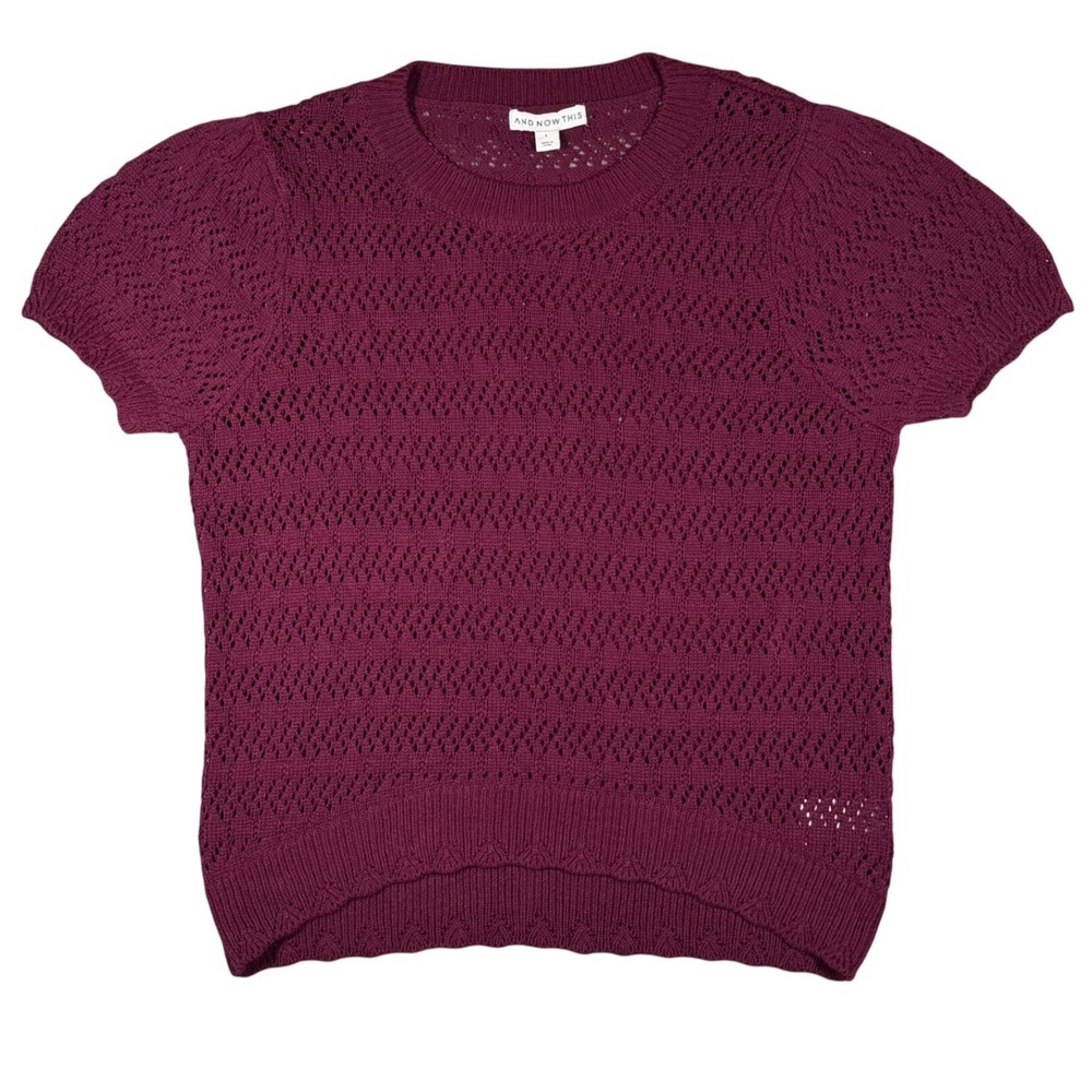Magenta Pointelle Knit Open Stitch Chevron Sweater Short Puff Sleeve Lagenlook M